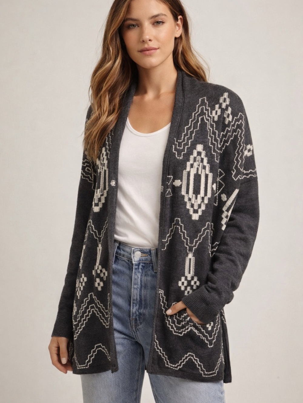 Lucky Brand Lotus Bliss Tribal Open Cardigan Sz med